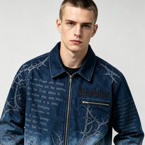 Washed Sun Faded Rhinestone Embroidery DTG Print Canvas Jacket | Cotton Canvas Zip Oversized Fit | OEM Streetwear