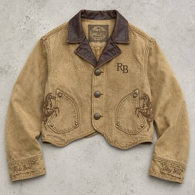 Embroidery DTG Print Applique Letter Cropped Canvas Jacket | Faux Leather Lapel Floral Metal Buttons | Clothing Manufacturer