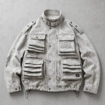 Washed Embroidery DTG Print Multi Pocket Cargo Canvas Jacket | Stand Collar Drawstring Hem | Custom Streetwear