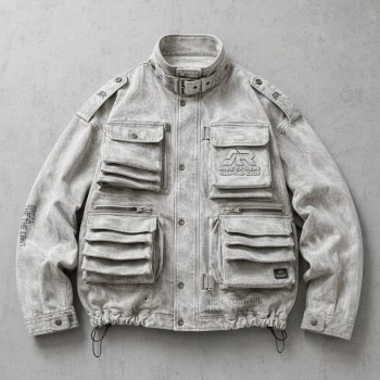 Washed Embroidery DTG Print Multi Pocket Cargo Canvas Jacket | Stand Collar Drawstring Hem | Custom Streetwear