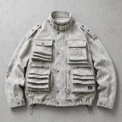 Washed Embroidery DTG Print Multi Pocket Cargo Canvas Jacket | Stand Collar Drawstring Hem | Custom Streetwear