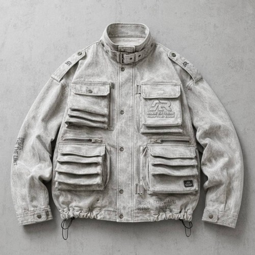 Washed Embroidery DTG Print Multi Pocket Cargo Canvas Jacket | Stand Collar Drawstring Hem | Custom Streetwear