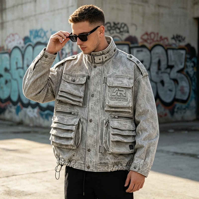 Washed Embroidery DTG Print Multi Pocket Cargo Canvas Jacket
