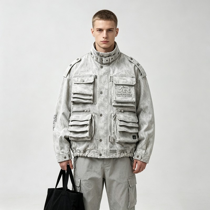 Washed Embroidery DTG Print Multi Pocket Cargo Canvas Jacket