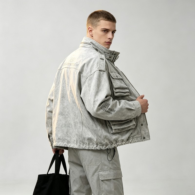Washed Embroidery DTG Print Multi Pocket Cargo Canvas Jacket