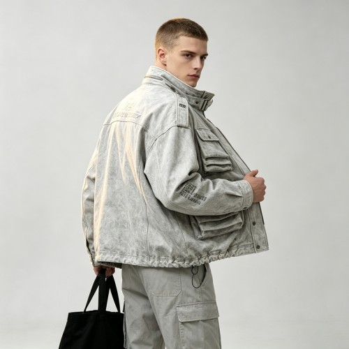 Washed Embroidery DTG Print Multi Pocket Cargo Canvas Jacket | Stand Collar Drawstring Hem | Custom Streetwear