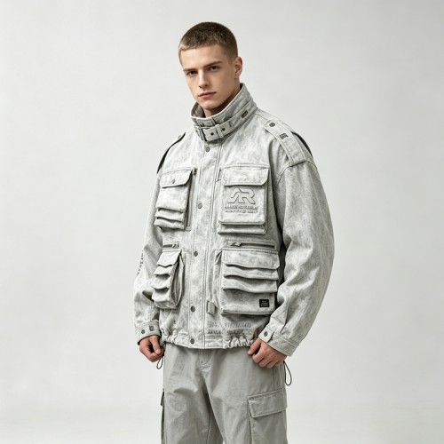 Washed Embroidery DTG Print Multi Pocket Cargo Canvas Jacket | Stand Collar Drawstring Hem | Custom Streetwear