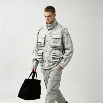 Washed Embroidery DTG Print Multi Pocket Cargo Canvas Jacket | Stand Collar Drawstring Hem | Custom Streetwear