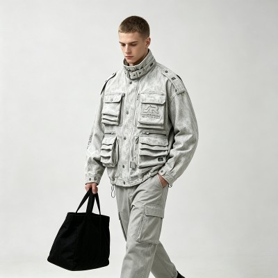 Washed Embroidery DTG Print Multi Pocket Cargo Canvas Jacket | Stand Collar Drawstring Hem | Custom Streetwear