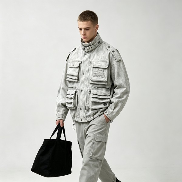 Washed Embroidery DTG Print Multi Pocket Cargo Canvas Jacket | Stand Collar Drawstring Hem | Custom Streetwear