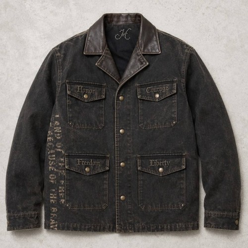 Washed Letter Embroidery Faux Leather Collar Canvas Jacket | Retro Western Street Outerwear | Clothing Manufacturer