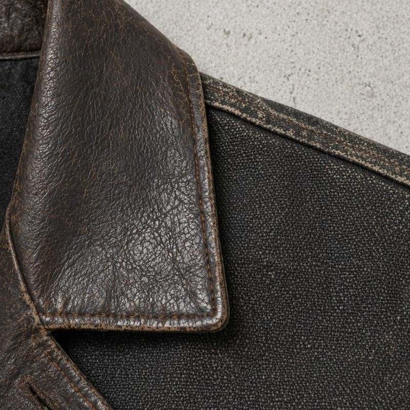 Washed Letter Embroidery Faux Leather Collar Canvas Jacket