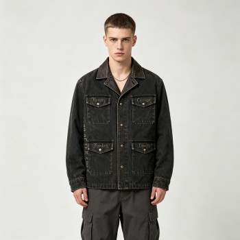 Washed Letter Embroidery Faux Leather Collar Canvas Jacket | Retro Western Street Outerwear | Clothing Manufacturer