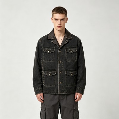 Washed Letter Embroidery Faux Leather Collar Canvas Jacket | Retro Western Street Outerwear | Clothing Manufacturer