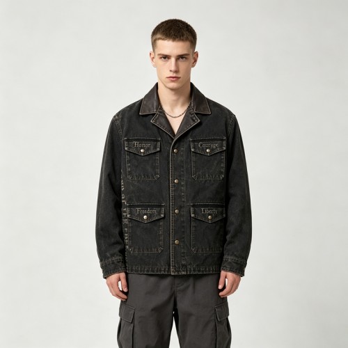 Washed Letter Embroidery Faux Leather Collar Canvas Jacket | Retro Western Street Outerwear | Clothing Manufacturer