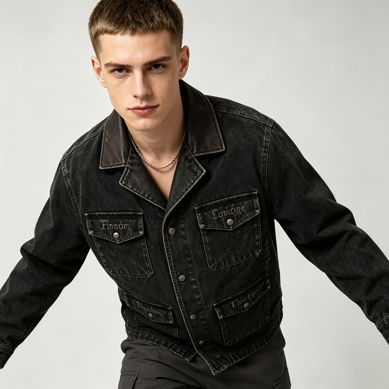 Washed Letter Embroidery Faux Leather Collar Canvas Jacket