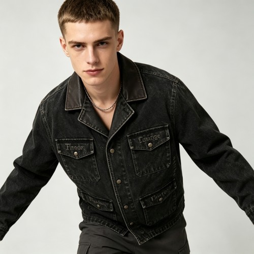 Washed Letter Embroidery Faux Leather Collar Canvas Jacket | Retro Western Street Outerwear | Clothing Manufacturer