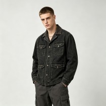 Washed Letter Embroidery Faux Leather Collar Canvas Jacket | Retro Western Street Outerwear | Clothing Manufacturer