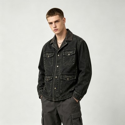 Washed Letter Embroidery Faux Leather Collar Canvas Jacket | Retro Western Street Outerwear | Clothing Manufacturer