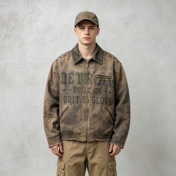 Washed Star Rivet DTG Print Canvas Jacket | Corduroy Collar Raw Frayed Hem | Full Zip Vintage Jacket | OEM Streetwear