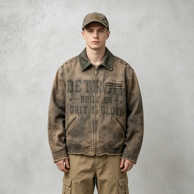 Washed Star Rivet DTG Print Canvas Jacket | Corduroy Collar Raw Frayed Hem | Full Zip Vintage Jacket | OEM Streetwear