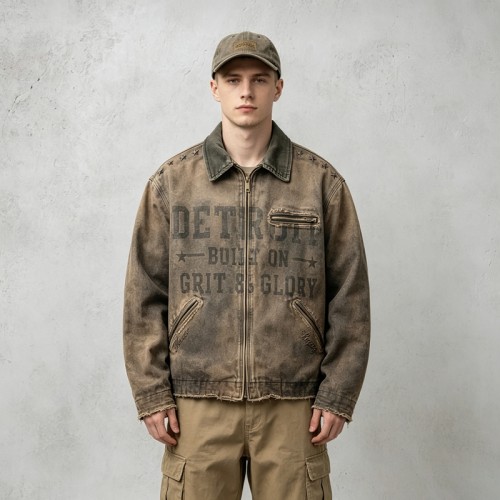 Washed Star Rivet DTG Print Canvas Jacket | Corduroy Collar Raw Frayed Hem | Full Zip Vintage Jacket | OEM Streetwear