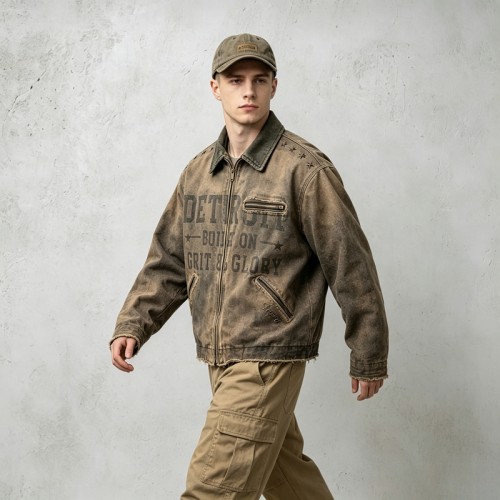 Washed Star Rivet DTG Print Canvas Jacket | Corduroy Collar Raw Frayed Hem | Full Zip Vintage Jacket | OEM Streetwear