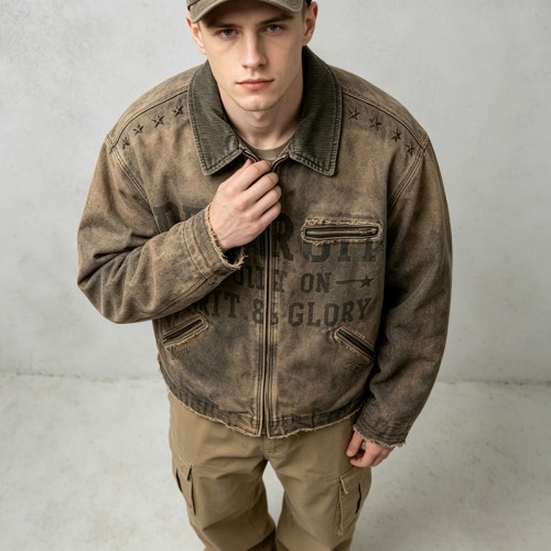 Washed Star Rivet DTG Print Canvas Jacket | Corduroy Collar Raw Frayed Hem | Full Zip Vintage Jacket | OEM Streetwear