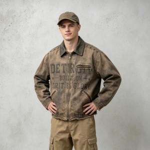 Washed Star Rivet DTG Print Canvas Jacket | Corduroy Collar Raw Frayed Hem | Full Zip Vintage Jacket | OEM Streetwear