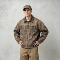 Washed Star Rivet DTG Print Canvas Jacket | Corduroy Collar Raw Frayed Hem | Full Zip Vintage Jacket | OEM Streetwear