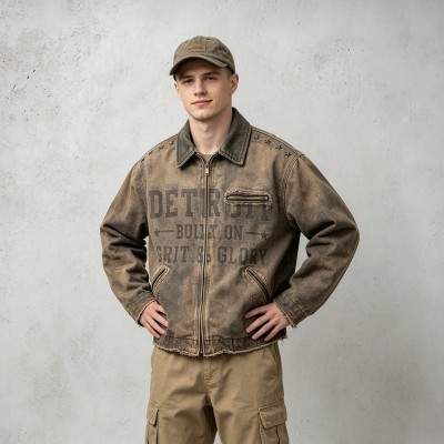 Washed Star Rivet DTG Print Canvas Jacket | Corduroy Collar Raw Frayed Hem | Full Zip Vintage Jacket | OEM Streetwear