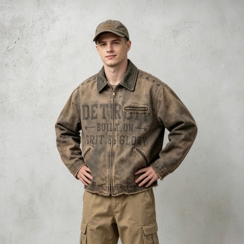 Washed Star Rivet DTG Print Canvas Jacket | Corduroy Collar Raw Frayed Hem | Full Zip Vintage Jacket | OEM Streetwear