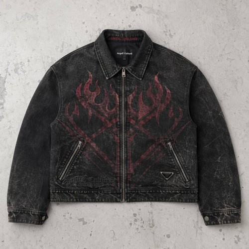 Washed Flame Screen Print Neck Embroidery Cropped Canvas Jacket | Heavy Canvas Zip Cropped Fit | Custom Streetwear