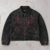 Washed Flame Screen Print Neck Embroidery Cropped Canvas Jacket | Heavy Canvas Zip Cropped Fit | Custom Streetwear