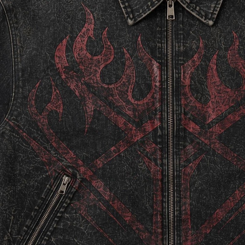Washed Flame Screen Print Neck Embroidery Cropped Canvas Jacket