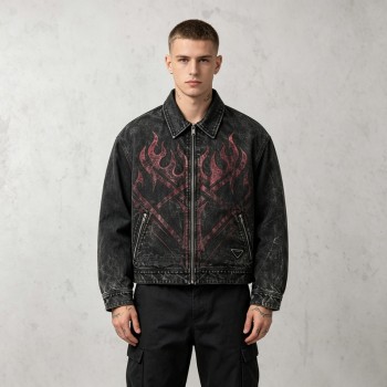 Washed Flame Screen Print Neck Embroidery Cropped Canvas Jacket | Heavy Canvas Zip Cropped Fit | Custom Streetwear