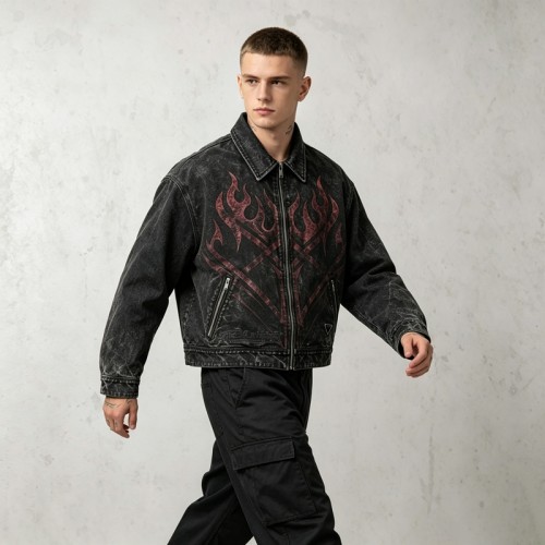 Washed Flame Screen Print Neck Embroidery Cropped Canvas Jacket | Heavy Canvas Zip Cropped Fit | Custom Streetwear
