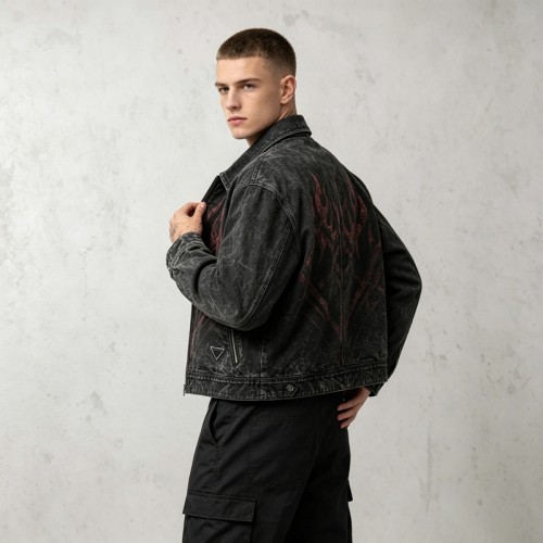 Washed Flame Screen Print Neck Embroidery Cropped Canvas Jacket | Heavy Canvas Zip Cropped Fit | Custom Streetwear