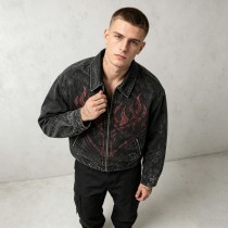 Washed Flame Screen Print Neck Embroidery Cropped Canvas Jacket | Heavy Canvas Zip Cropped Fit | Custom Streetwear