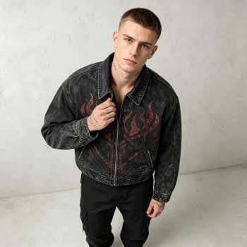 Washed Flame Screen Print Neck Embroidery Cropped Canvas Jacket | Heavy Canvas Zip Cropped Fit | Custom Streetwear
