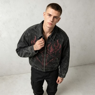 Washed Flame Screen Print Neck Embroidery Cropped Canvas Jacket | Heavy Canvas Zip Cropped Fit | Custom Streetwear