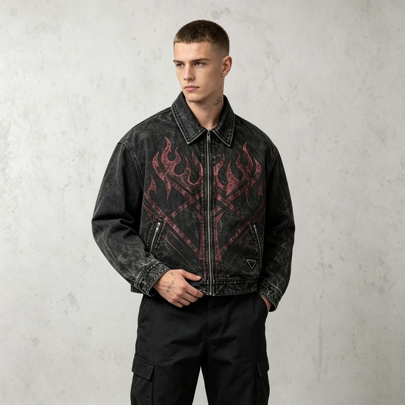 Washed Flame Screen Print Neck Embroidery Cropped Canvas Jacket