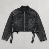 Washed Gothic Embroidery Rivet Strap Cropped Canvas Jacket | Metal Stud Adjustable Text Straps | Streetwear Manufacturer