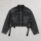 Washed Gothic Embroidery Rivet Strap Cropped Canvas Jacket | Metal Stud Adjustable Text Straps | Streetwear Manufacturer