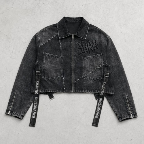 Washed Gothic Embroidery Rivet Strap Cropped Canvas Jacket | Metal Stud Adjustable Text Straps | Streetwear Manufacturer