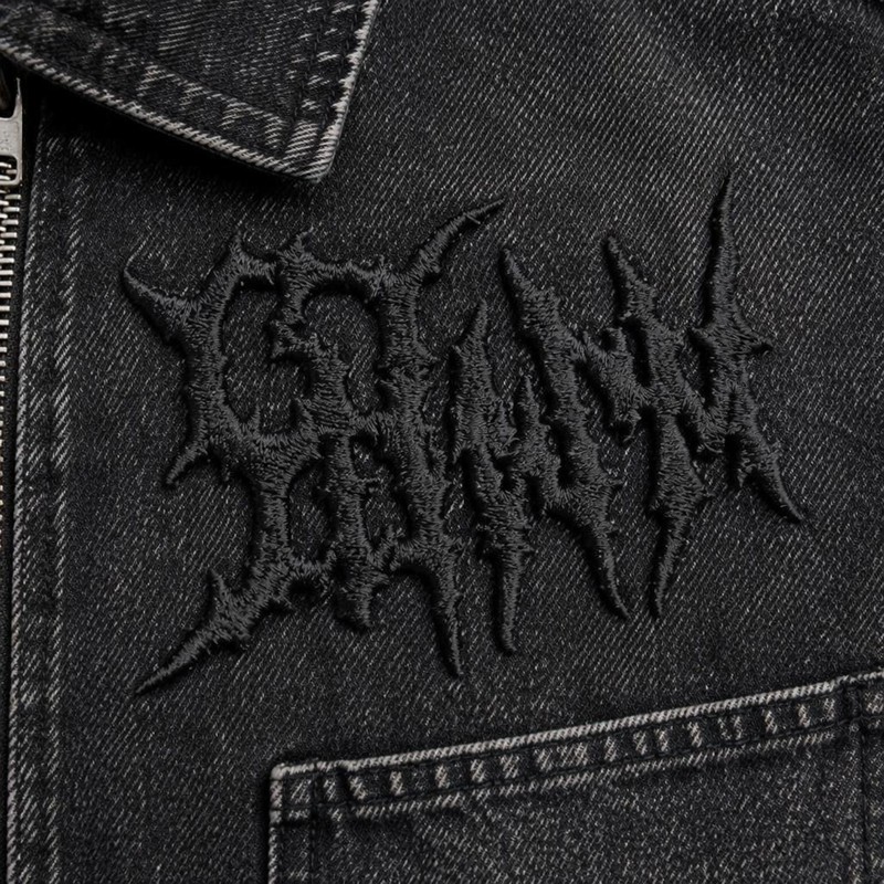 Washed Gothic Embroidery Rivet Strap Cropped Canvas Jacket