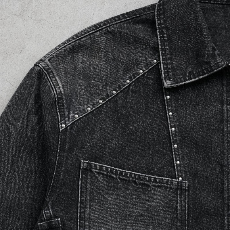 Washed Gothic Embroidery Rivet Strap Cropped Canvas Jacket