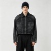 Washed Gothic Embroidery Rivet Strap Cropped Canvas Jacket | Metal Stud Adjustable Text Straps | Streetwear Manufacturer