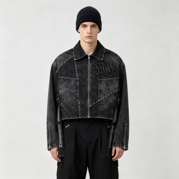 Washed Gothic Embroidery Rivet Strap Cropped Canvas Jacket | Metal Stud Adjustable Text Straps | Streetwear Manufacturer