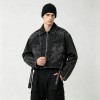 Washed Gothic Embroidery Rivet Strap Cropped Canvas Jacket | Metal Stud Adjustable Text Straps | Streetwear Manufacturer